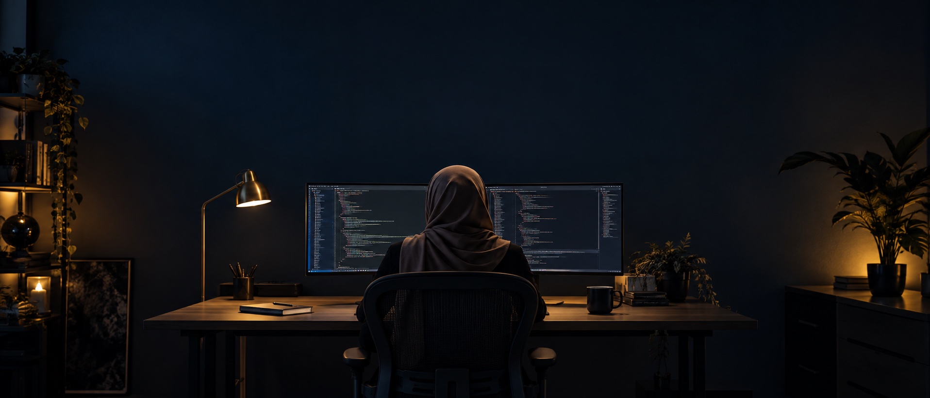 Illustrative coding scene: a woman in a hijab at her desk, viewed from behind.